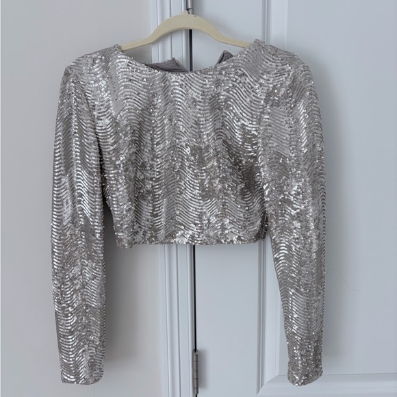 L'AGENCE Rogan Crop Silver Sequin Swirl Top - Picture 2 of 5